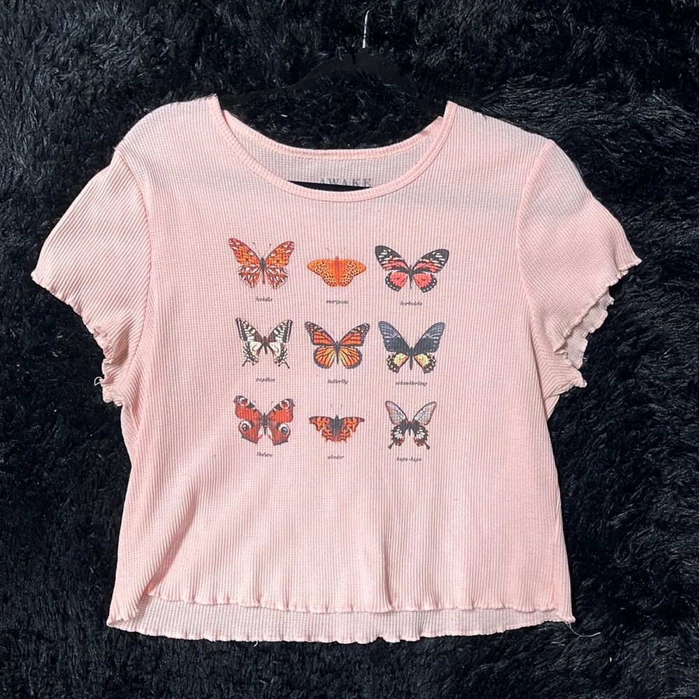 pink awake shirt with butterflies